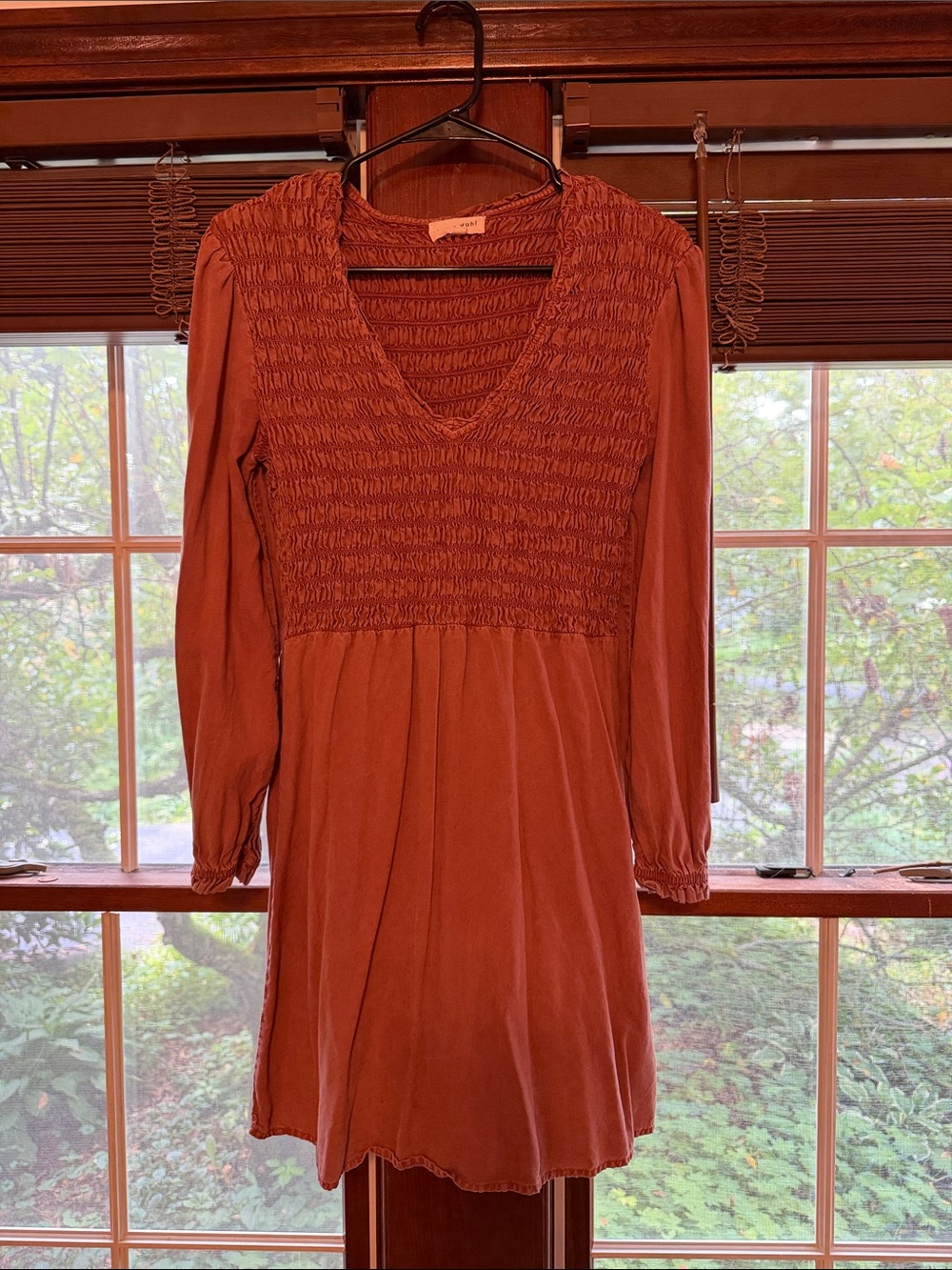Bella Dahl Rust Long-Sleeve Smocked V-Neck Dress